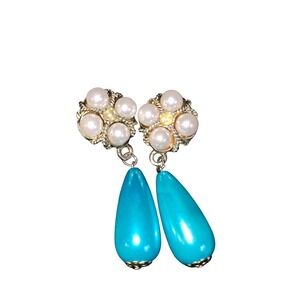 Vintage Turquoise Teardrop Faux Pearl Flower Dangle Earrings Hollywood Regency